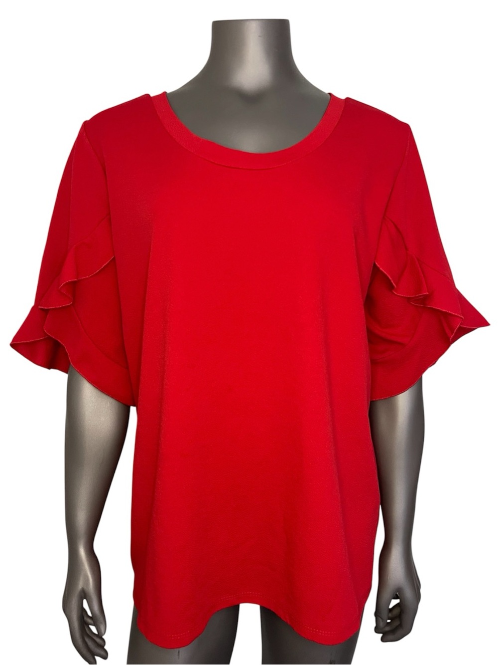 Ashley Stewart Blouse 18/20 Red Flutter Sleeves Round Neck Boxy Textured Fabric